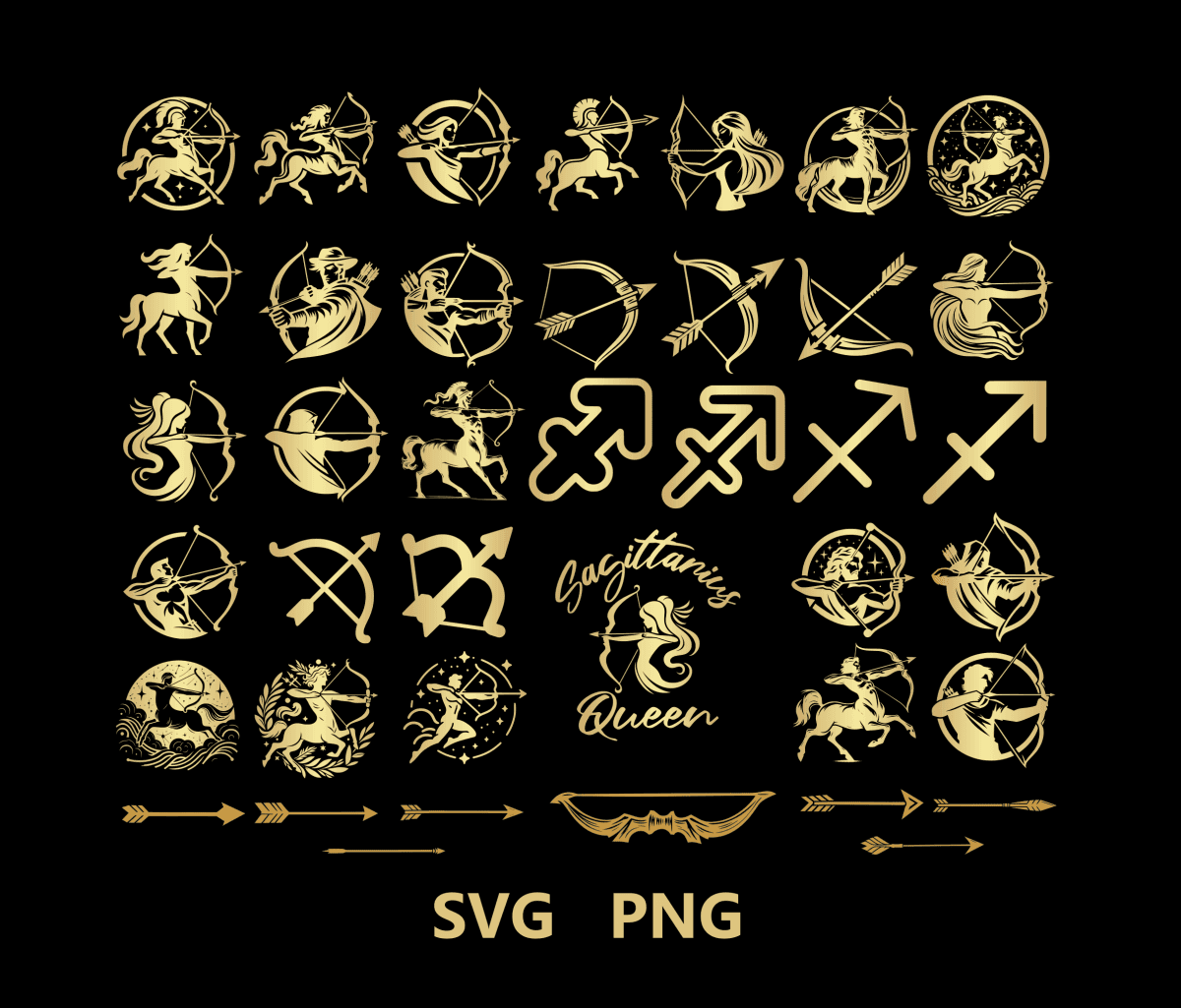 Gold Sagittarius SVG PNG Bundle, Zodiac Sign Theme